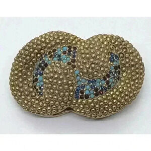 Vintage RARE Les Bernard Brooch Double Swirl Gold Faux Turquoise Ruby Rhinestone